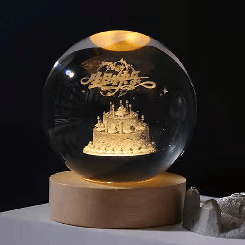 3D Solar System Crystal Ball Night Light with Wooden Base