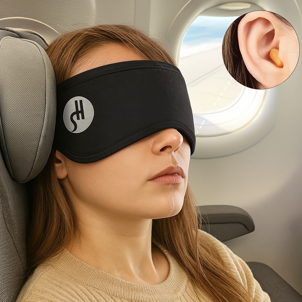 Light Blocking Travel Sleep Mask with Adjustable Fit and Earplugs