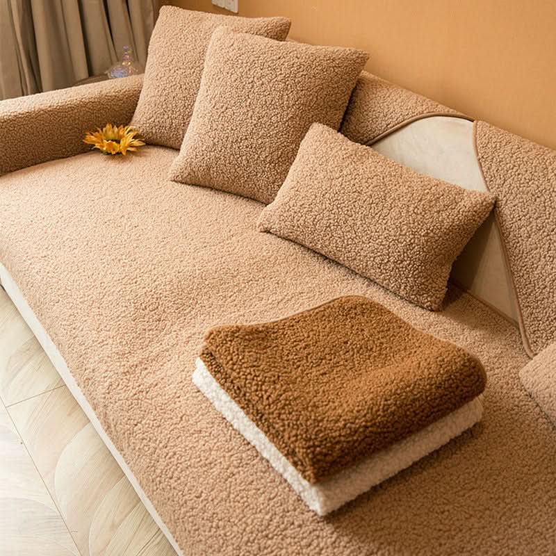 Cerise Sherpa Fleece Sofa Cover with Non-Slip Base