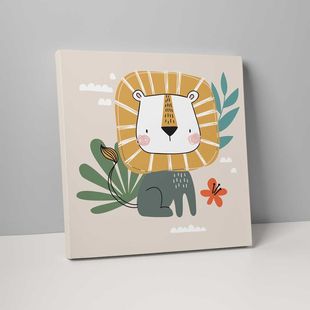 Boho Lion Canvas Wall Art with Tropical Plants