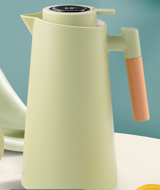 Insulated Glass Thermo Jug with Temperature Display and Wooden Handle