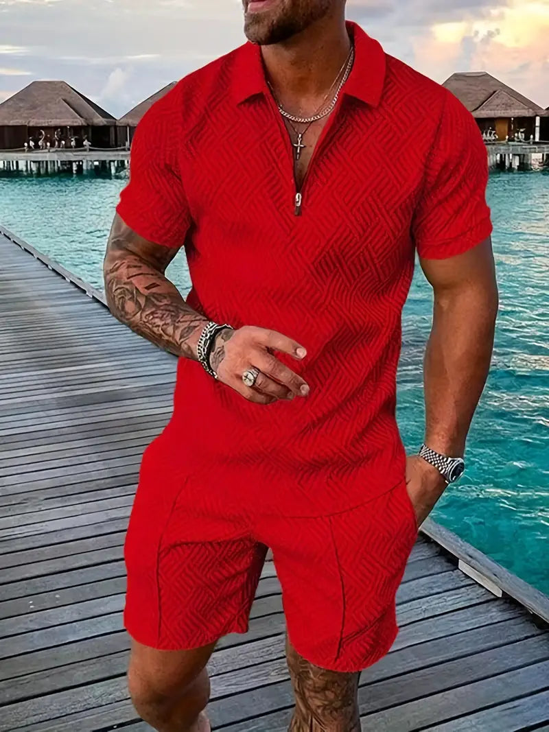 Geometric Pattern Men's Summer Polo and Shorts Set