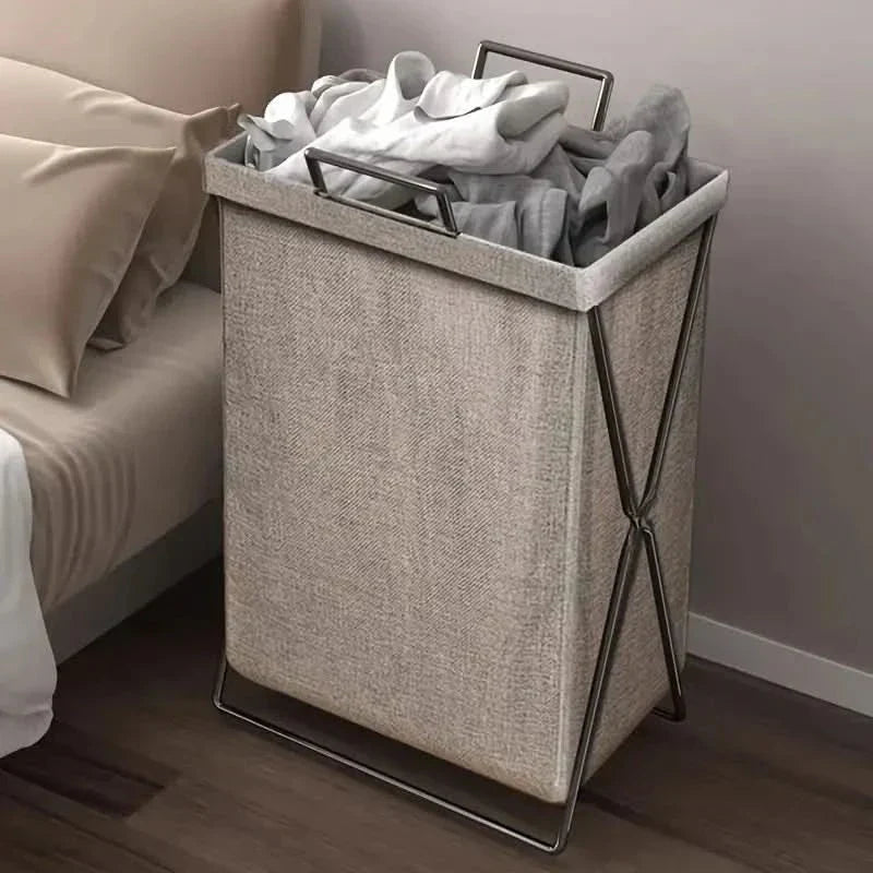 Foldable Laundry Basket with Metal Frame and Woven Fabric