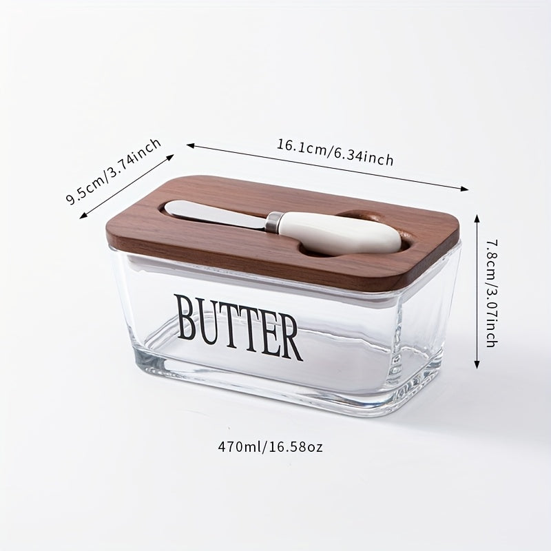 Acacia Wood Lid Glass Butter Dish with Spreader