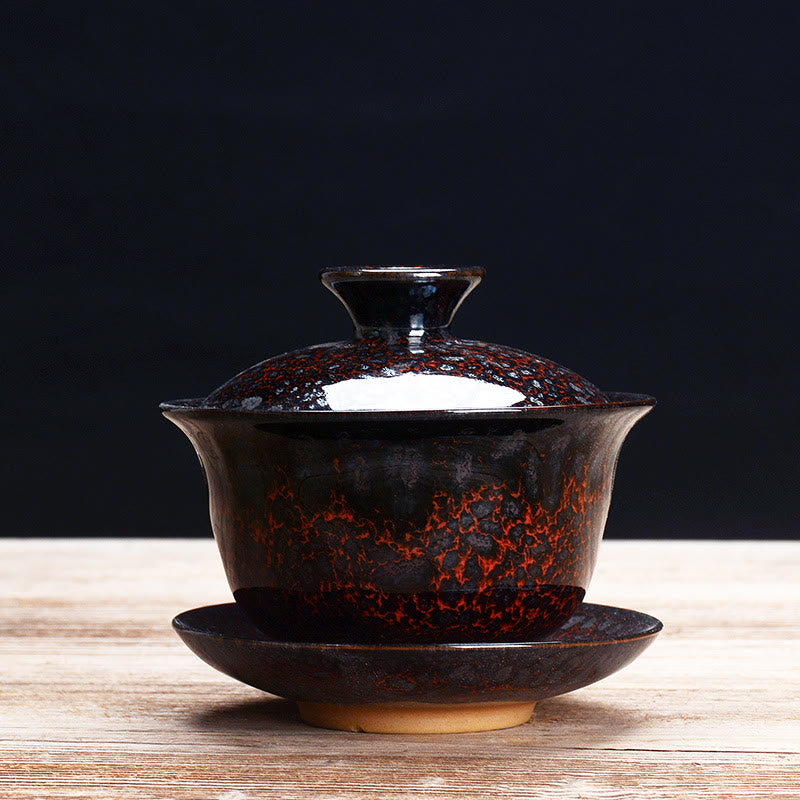 Vintage Ceramic Gaiwan Tea Cup and Saucer Set with Lid