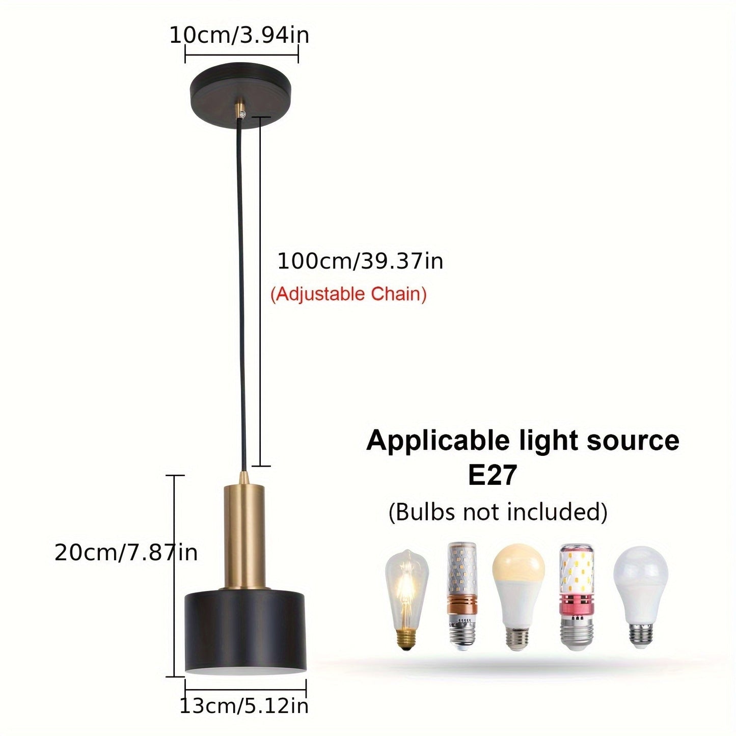 Modern Black and Gold Adjustable Pendant Light E27 Fixture