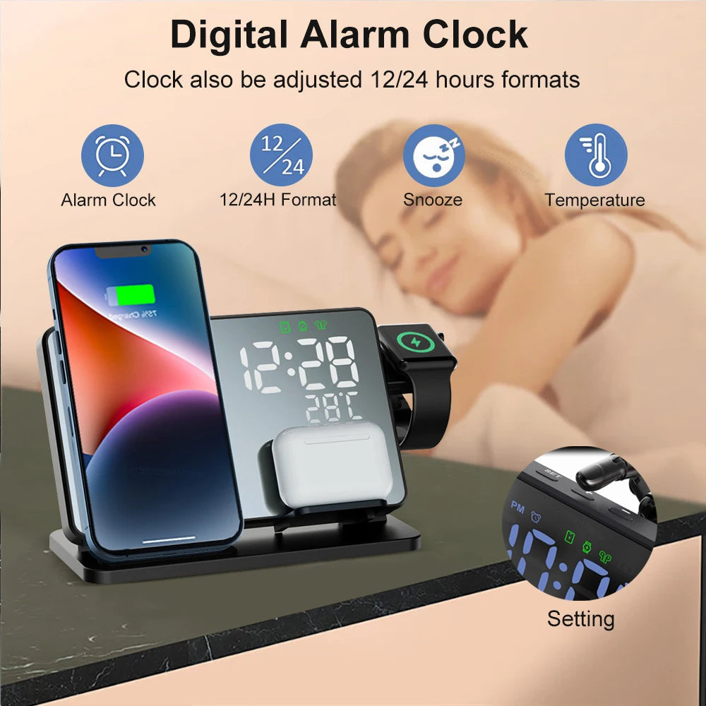 3-in-1 Wireless Charging Station for iPhone, Apple Watch, and AirPods with Alarm Clock