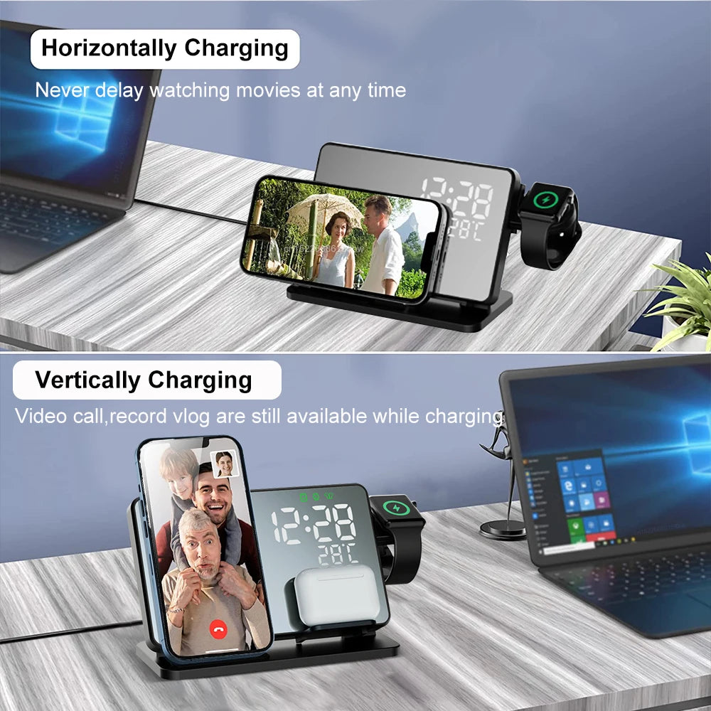 3-in-1 Wireless Charging Station for iPhone, Apple Watch, and AirPods with Alarm Clock