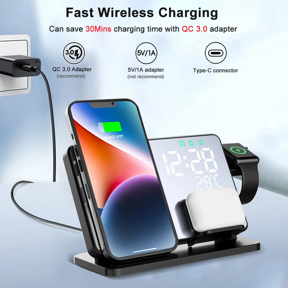3-in-1 Wireless Charging Station for iPhone, Apple Watch, and AirPods with Alarm Clock