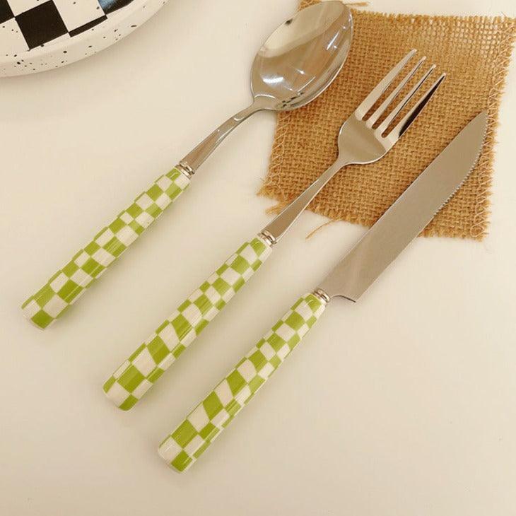 Checkerboard Stainless Steel Cutlery Set - Knife, Fork, Spoon