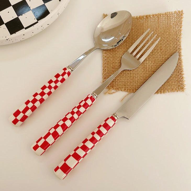 Checkerboard Stainless Steel Cutlery Set - Knife, Fork, Spoon