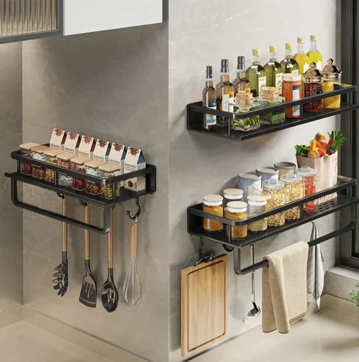 Elegant Black Wall Shelf for Kitchen Utensils and Spices