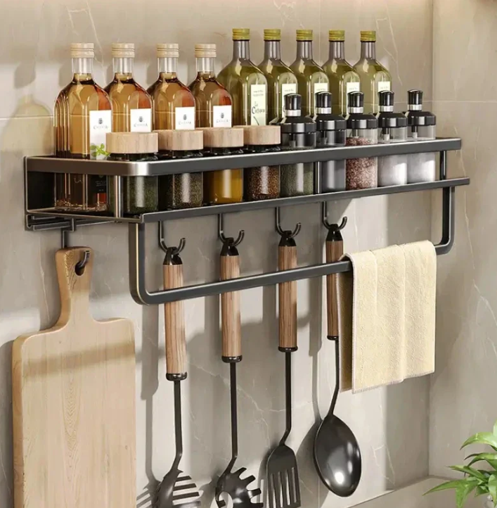 Elegant Black Wall Shelf for Kitchen Utensils and Spices