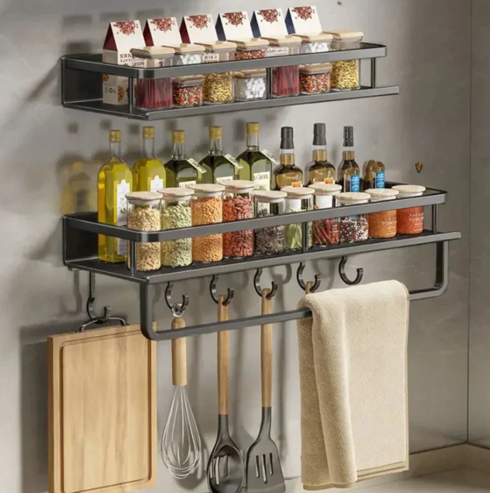 Elegant Black Wall Shelf for Kitchen Utensils and Spices