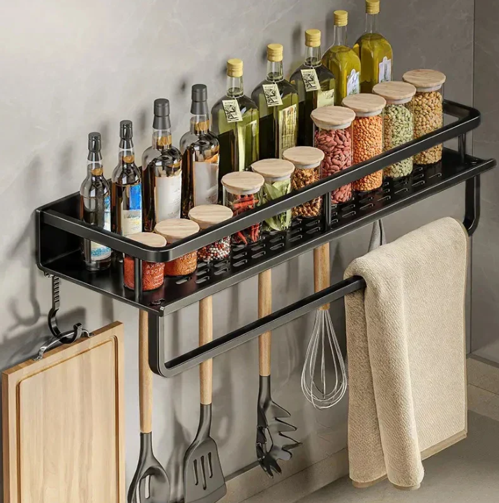 Elegant Black Wall Shelf for Kitchen Utensils and Spices