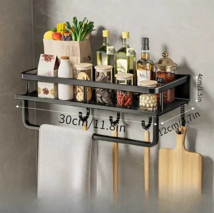 Elegant Black Wall Shelf for Kitchen Utensils and Spices