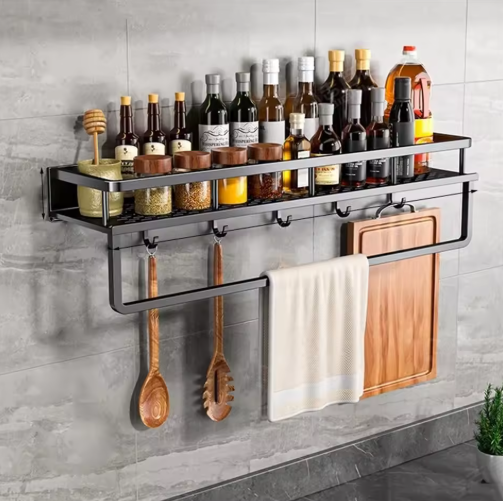 Elegant Black Wall Shelf for Kitchen Utensils and Spices