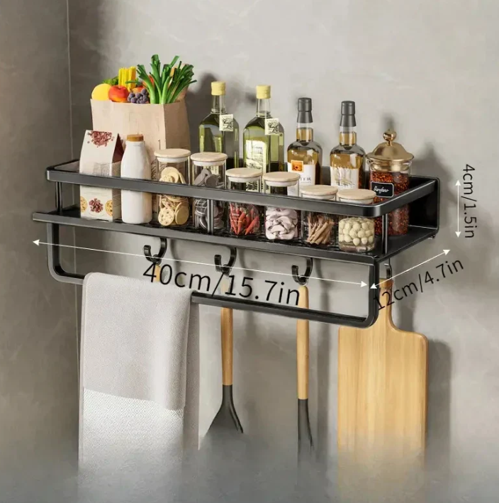 Elegant Black Wall Shelf for Kitchen Utensils and Spices
