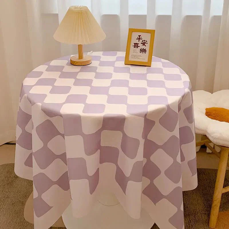 Round Waterproof Checked Cotton Tablecloth