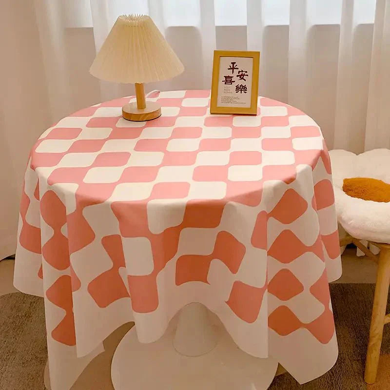 Round Waterproof Checked Cotton Tablecloth