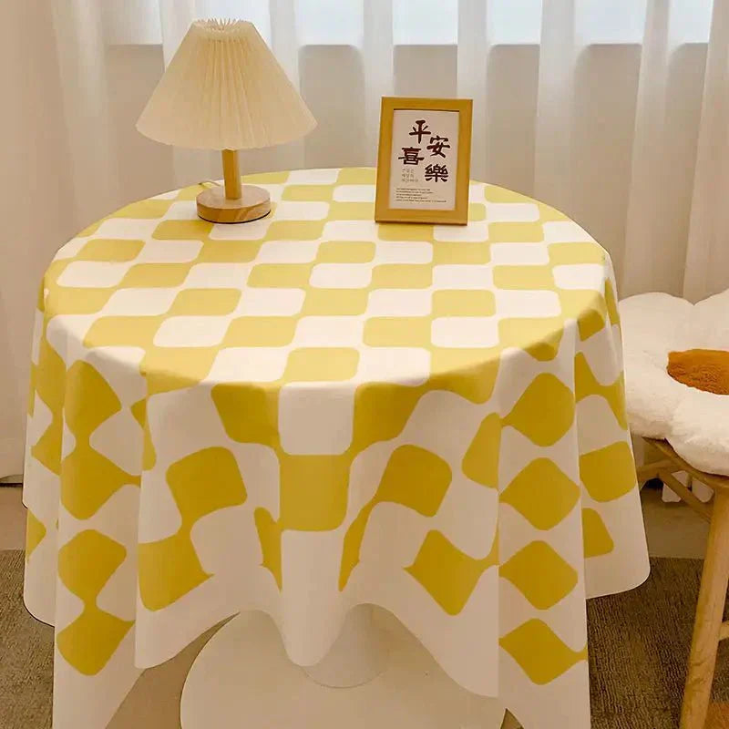 Round Waterproof Checked Cotton Tablecloth