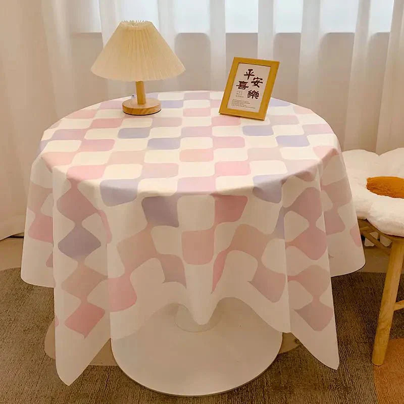Round Waterproof Checked Cotton Tablecloth