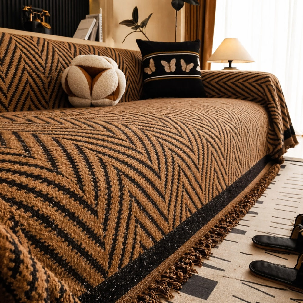 Chevron Herringbone Tassel Sofa Cover in Microfiber