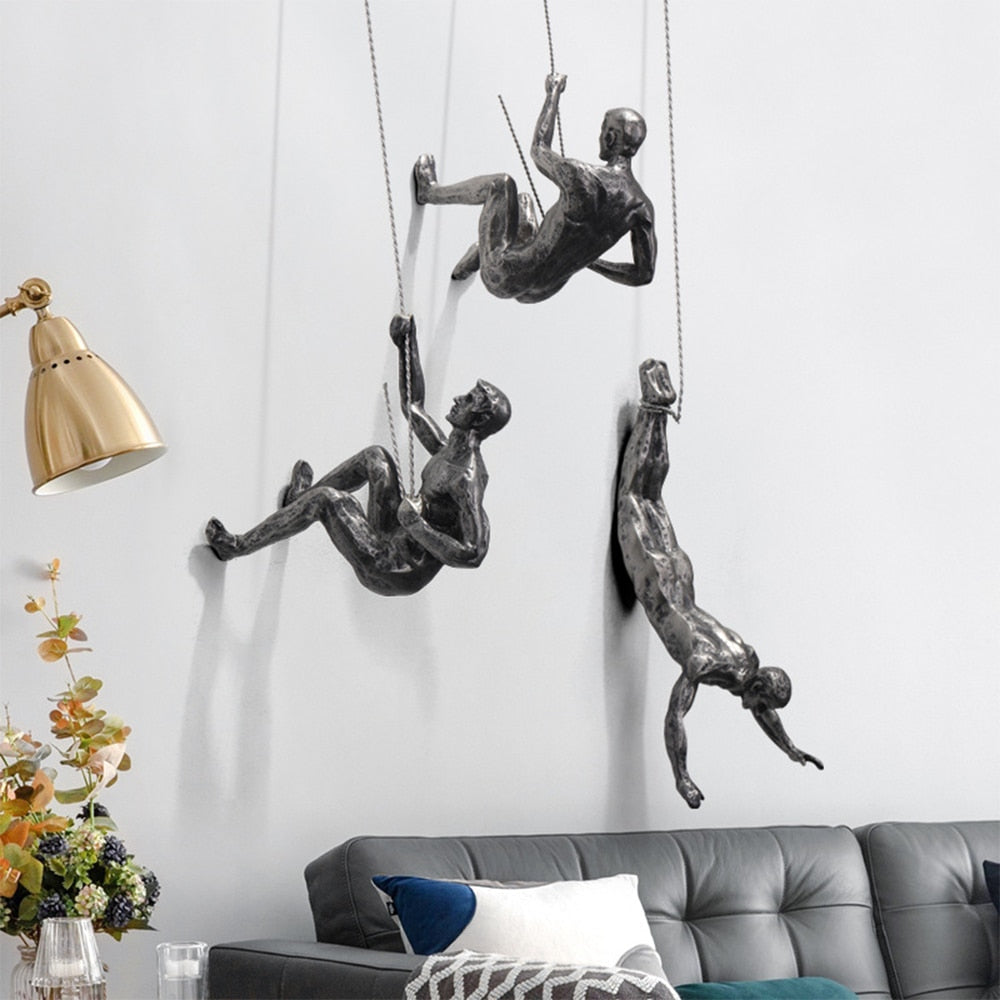 Handmade Climber Wall Sculpture in Resin and Iron Wire