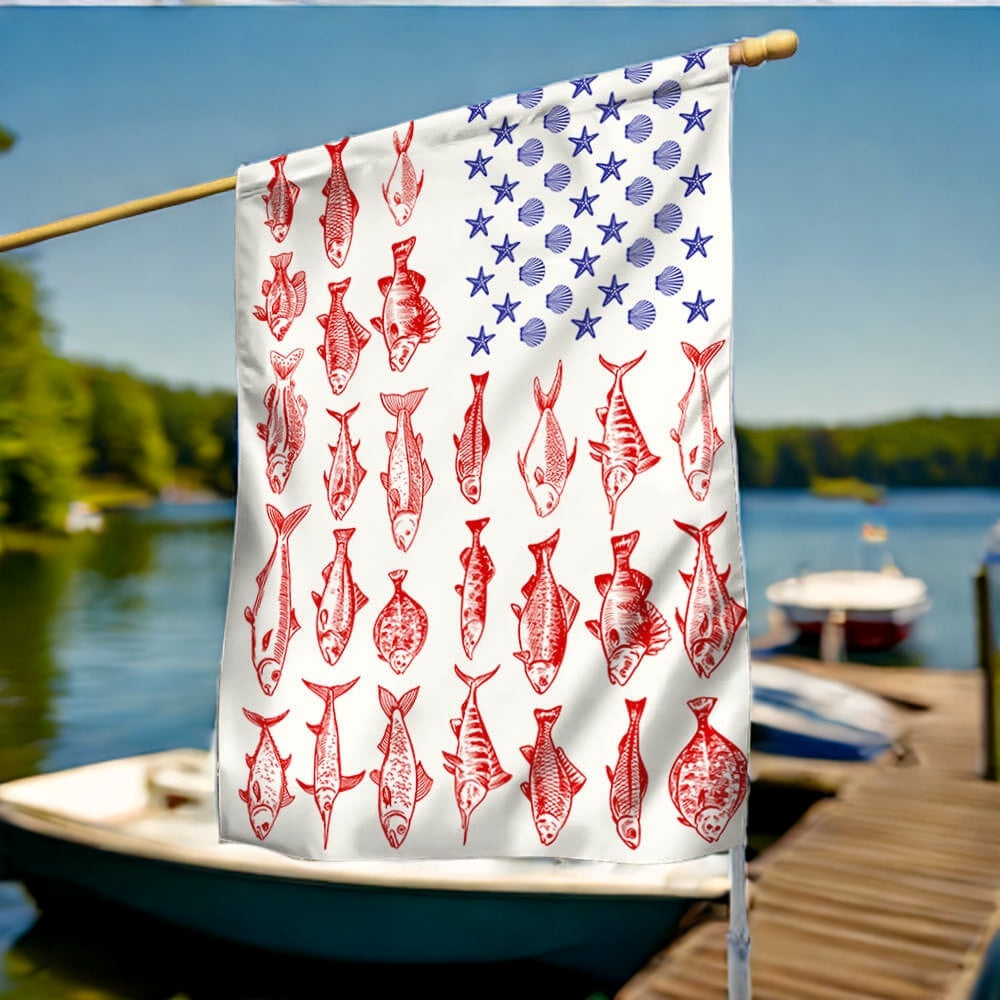 Fish & Sea Shells American Flag - Nautical Summer Decor for Independence Day
