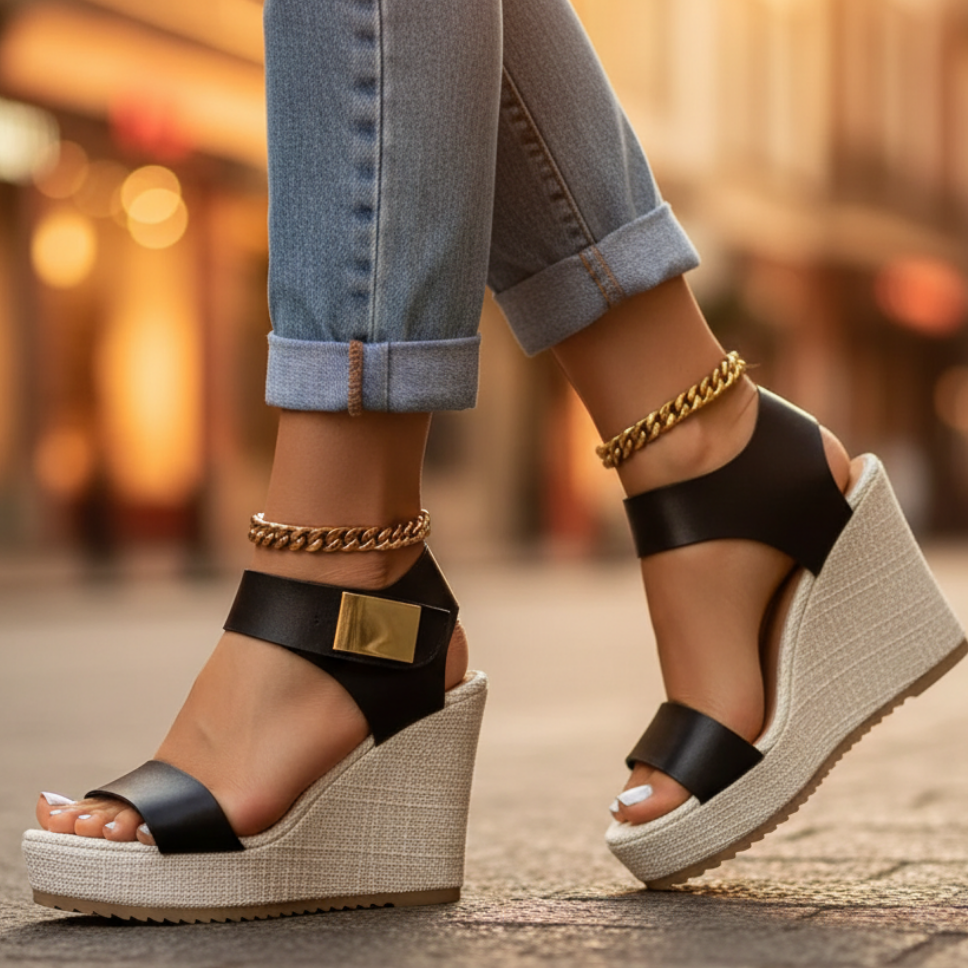 Orthopedic Wedge Sandals with Adjustable Ankle Strap and Gold Accents