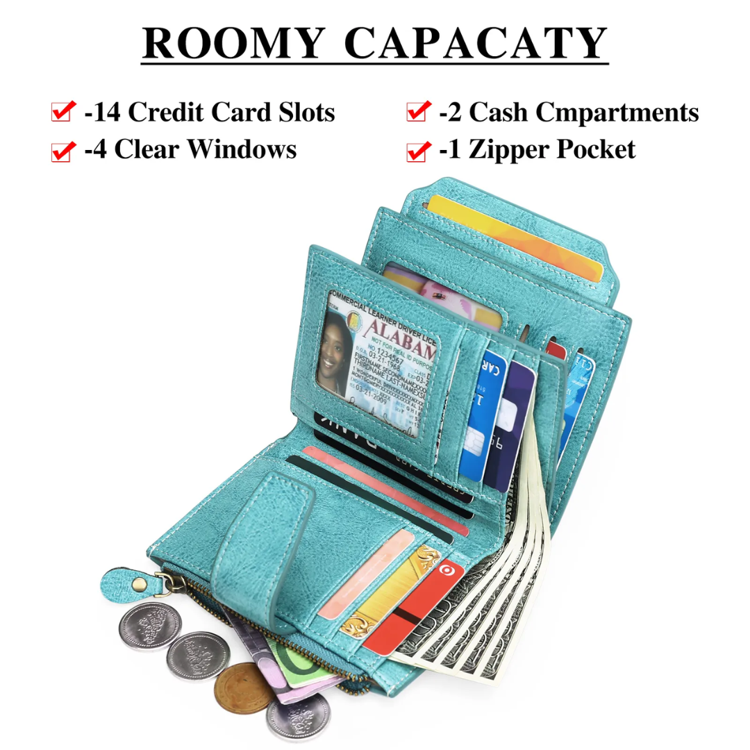 Compact RFID Blocking Leather Wallet with Coin Pocket and Card Slots
