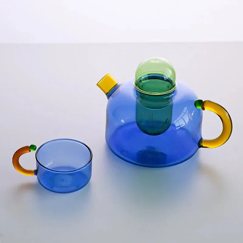 Contrasting Color Glass Teapot and Cup Set