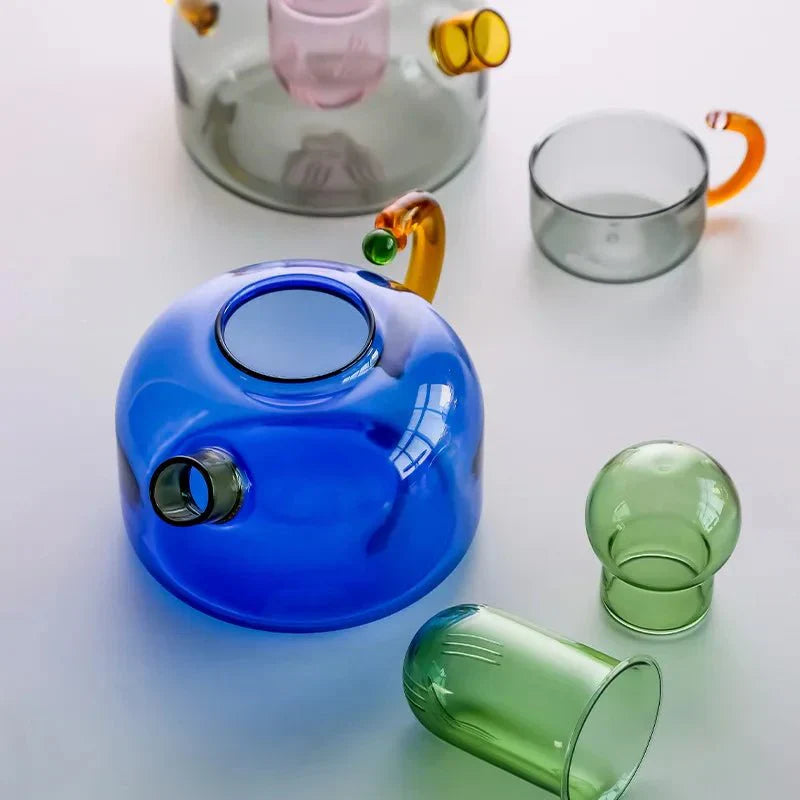 Contrasting Color Glass Teapot and Cup Set