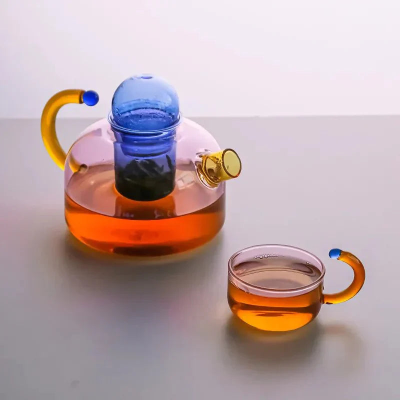 Contrasting Color Translucent Glass Teapot and Cup Set