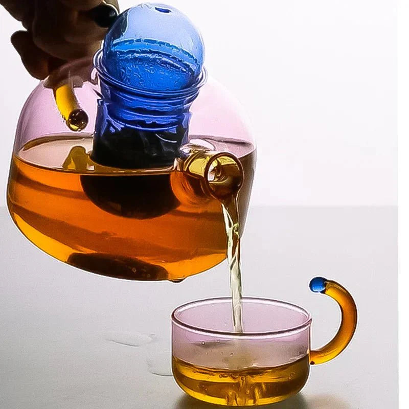 Contrasting Color Translucent Glass Teapot and Cup Set