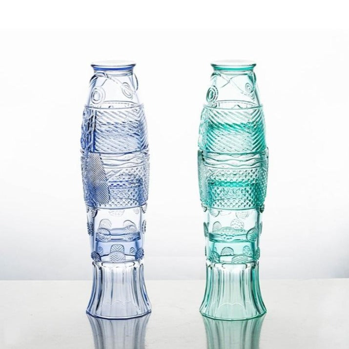 Colored Glass Koi Fish Mugs Set - Textured Aqua Drinkware