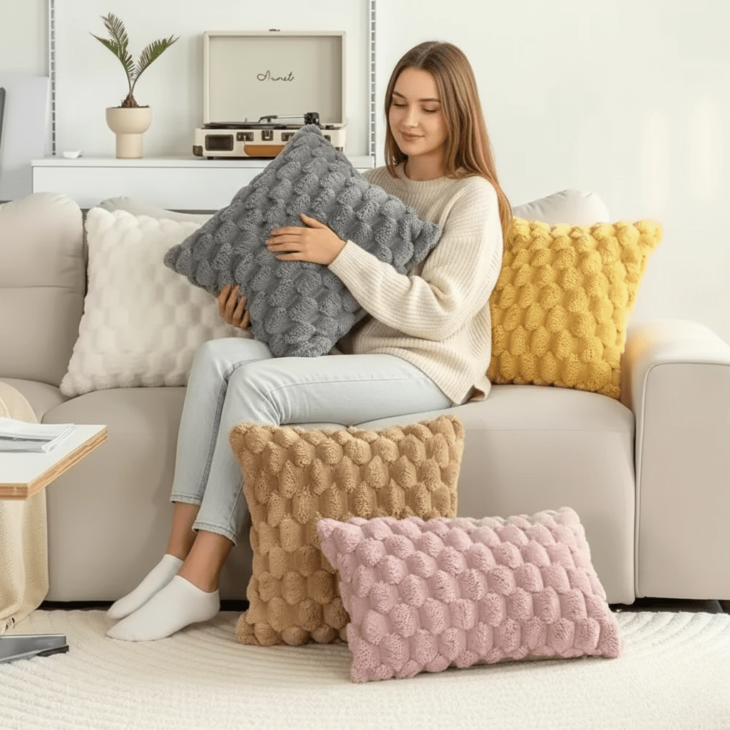 Textured 3D Plush Cotton Blend Cushion Cover