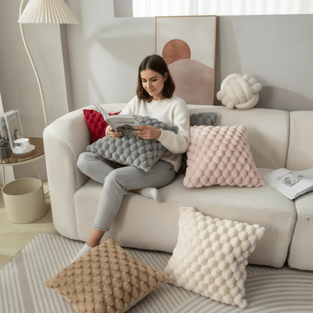 Textured 3D Plush Cotton Blend Cushion Cover
