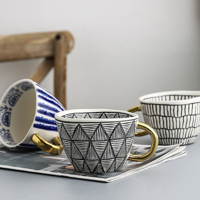 Geometric Ceramic Coffee Mug with Gold Handle