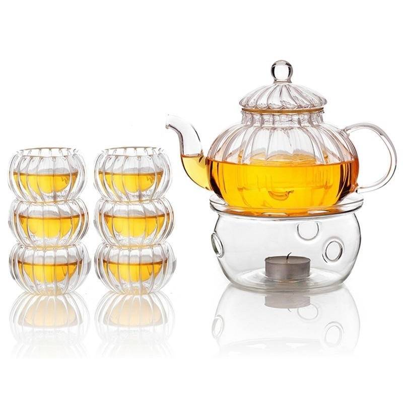Clear Borosilicate Glass Teapot Set with 6 Cups and Candle Holder