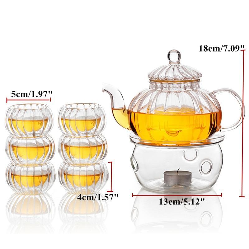 Clear Borosilicate Glass Teapot Set with 6 Cups and Candle Holder