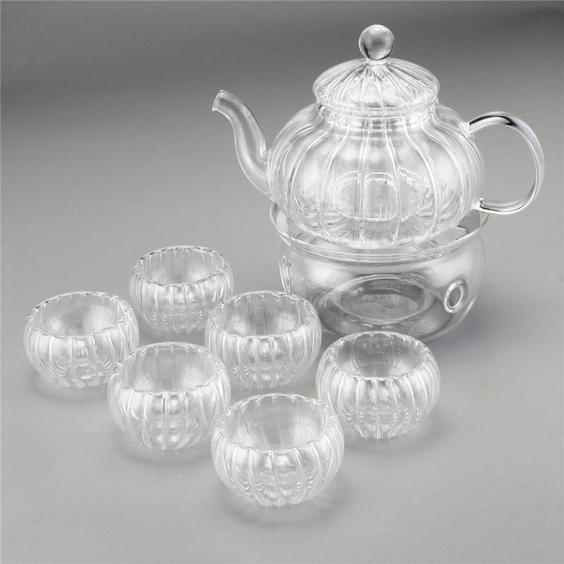 Clear Borosilicate Glass Teapot Set with 6 Cups and Candle Holder