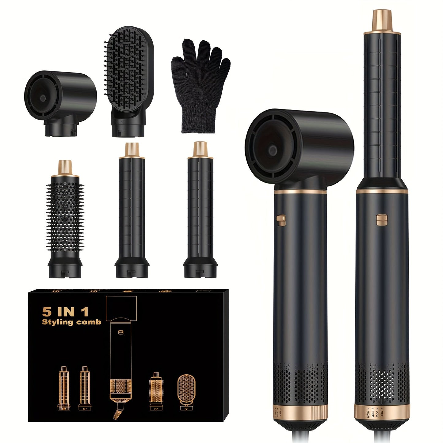 5-in-1 Hair Dryer and Multistyler with US Plug and Nozzle