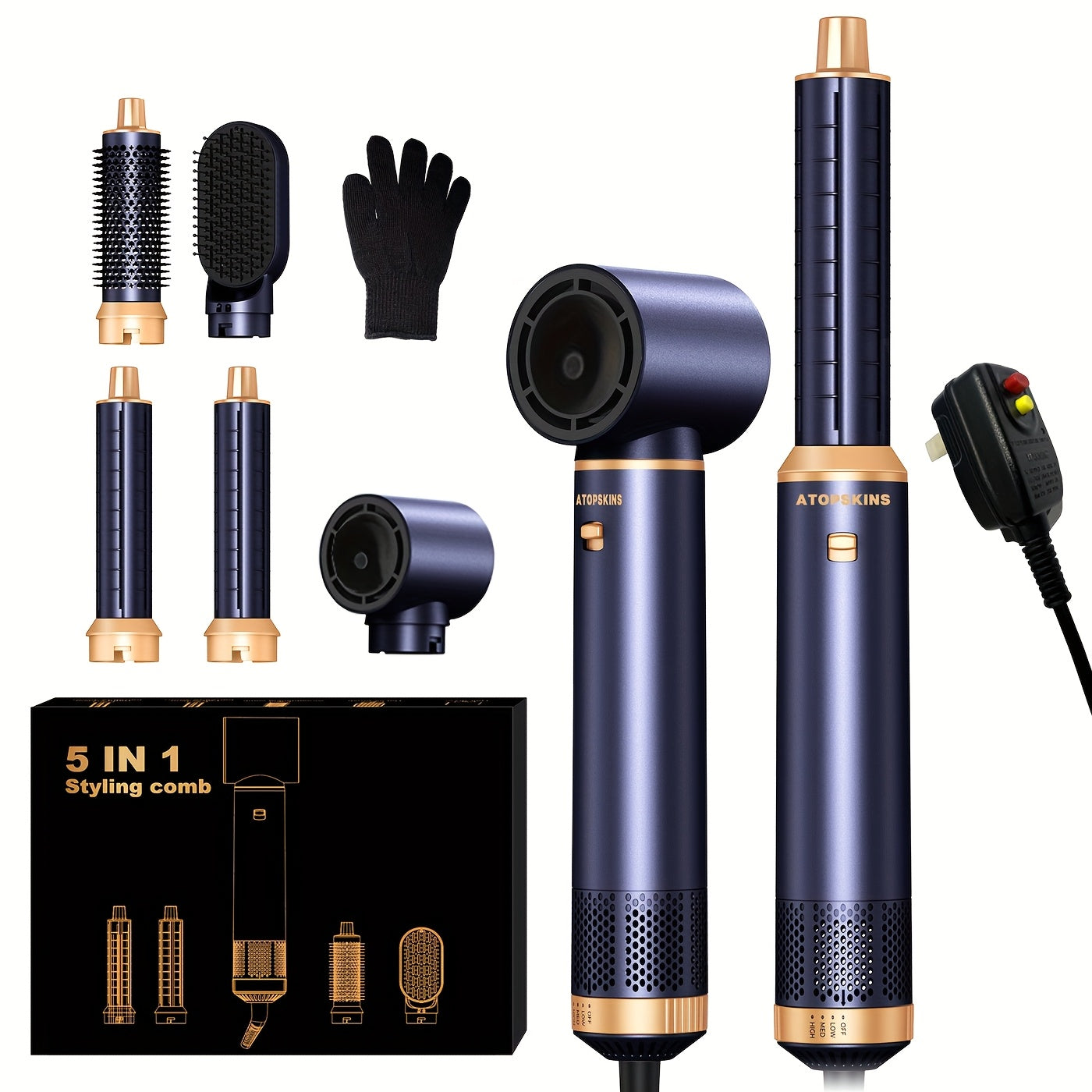 5-in-1 Hair Dryer and Multistyler with US Plug and Nozzle