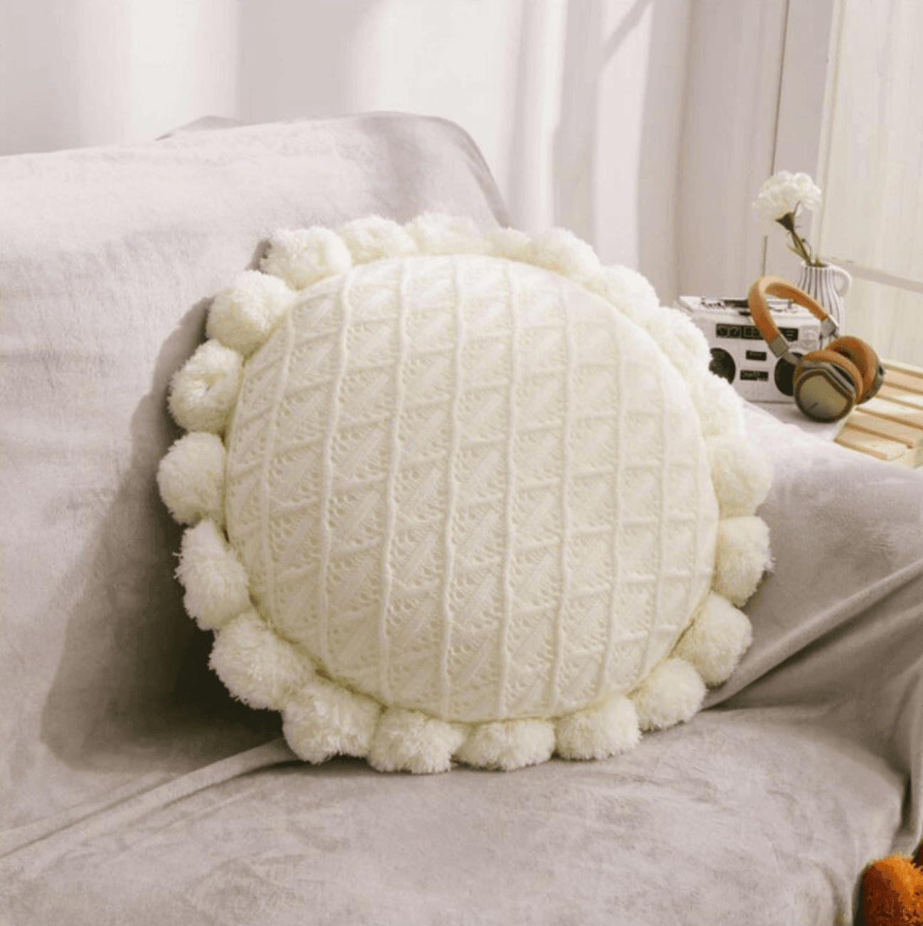 Round Pom Pom Tassel Cushion Cover 20x20 Inches