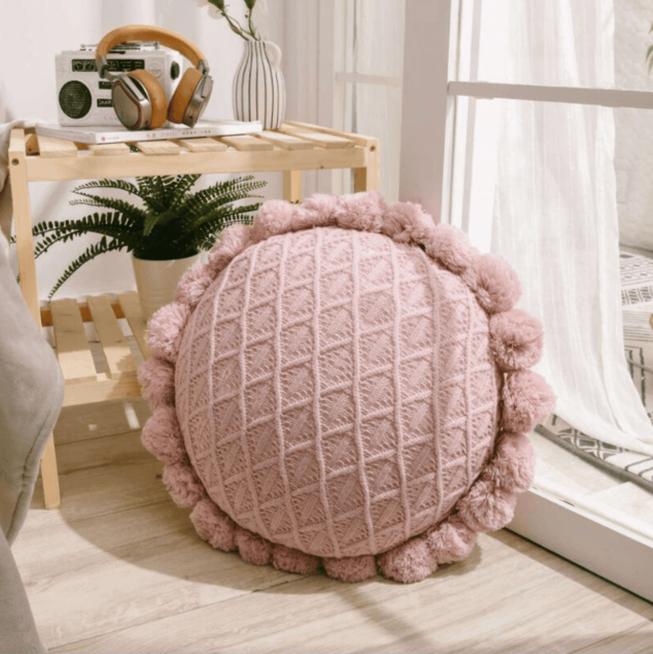 Round Pom Pom Tassel Cushion Cover 20x20 Inch
