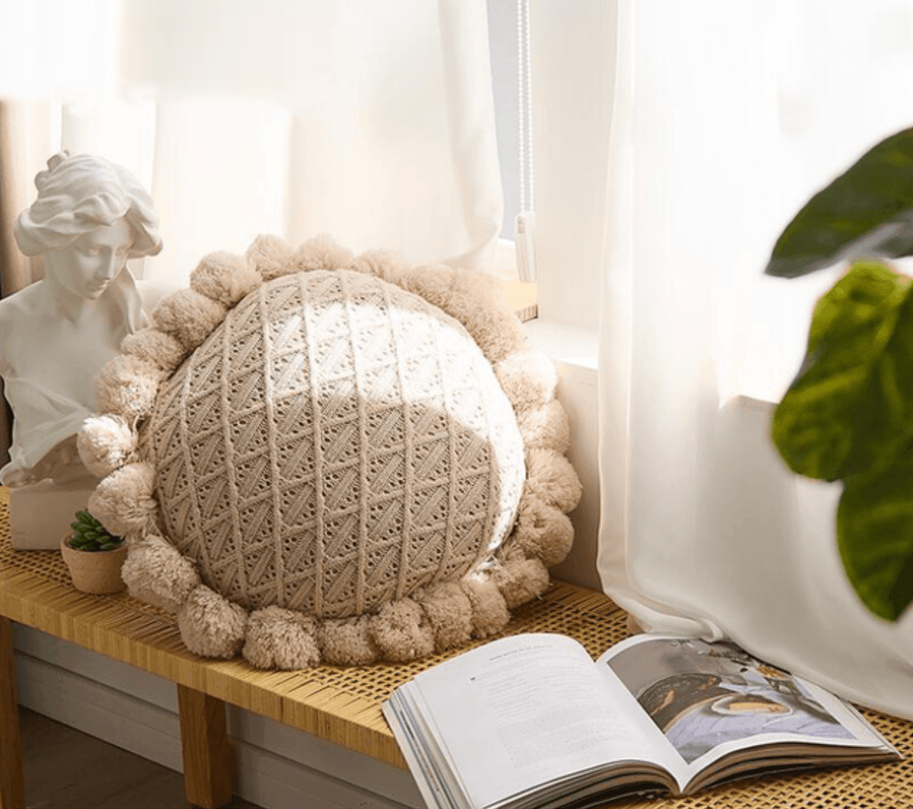 Round Pom Pom Tassel Cushion Cover 20x20 Inches