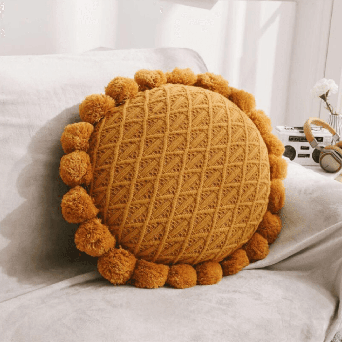 Round Pom Pom Tassel Cushion Cover 20x20 Inches