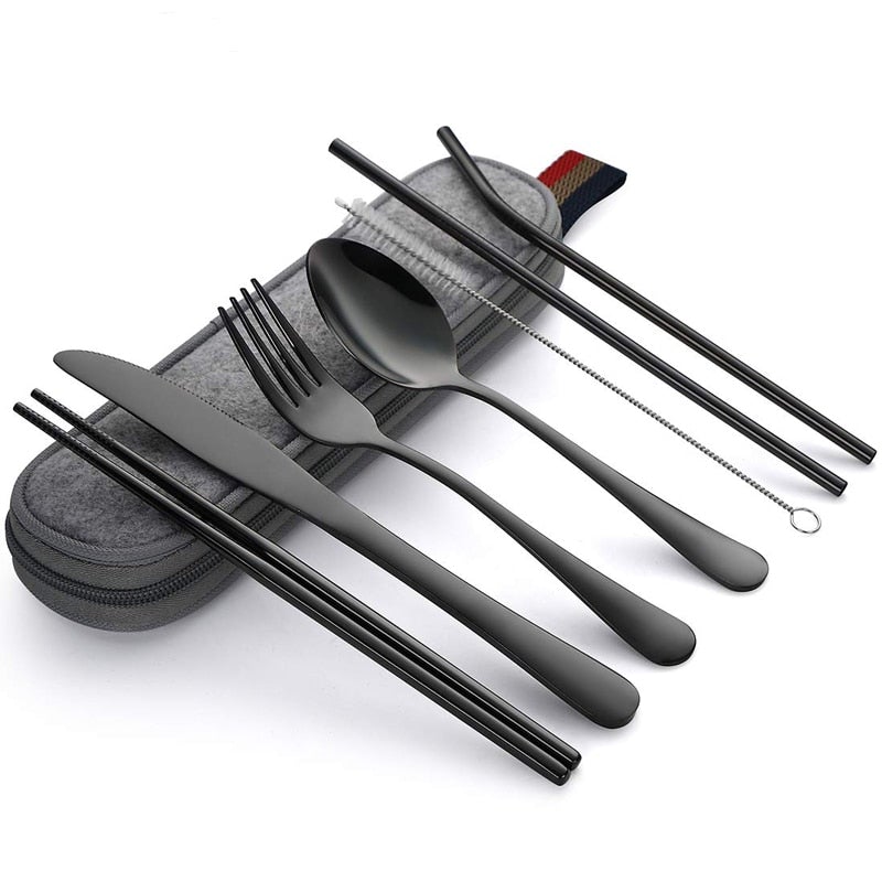 Portable Stainless Steel Cutlery Set with Case and Metal Straws