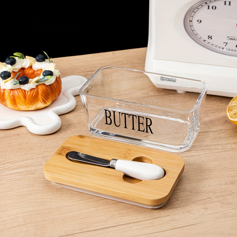 Acacia Wood Lid Glass Butter Dish with Spreader